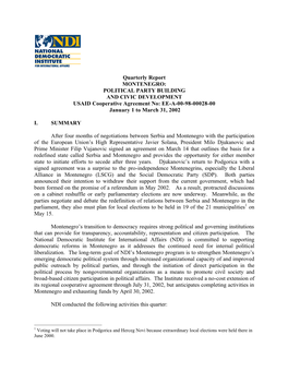 POLITICAL PARTY BUILDING and CIVIC DEVELOPMENT USAID Cooperative Agreement No: EE-A-00-98-00028-00 January 1 to March 31, 2002