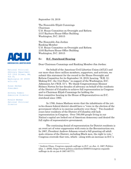 1 September 19, 2019 the Honorable Elijah Cummings Chairman U.S. House Committee on Oversight and Reform 2157 Rayburn House