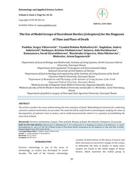 The Use of Model Groups of Necrobiont Beetles (Coleoptera) for the Diagnosis of Time and Place of Death