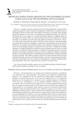 MODELING POPULATION GROWTH of the OVENBIRD (SEIURUS AUROCAPILLA) in the SOUTHERN APPALACHIANS A�Drei L