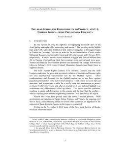 7 the ARAB SPRING, the RESPONSIBILITY to PROTECT, and U.S. FOREIGN POLICY—SOME PRELIMINARY THOUGHTS VED P. NANDA* I. by the Au