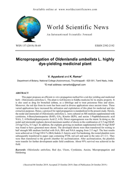 Micropropagation of Oldenlandia Umbellata L. Highly Dye-Yielding Medicinal Plant