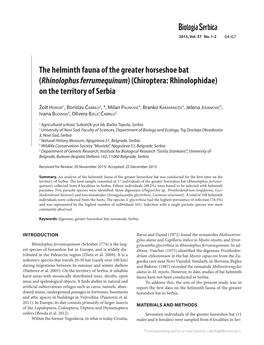 Rhinolophus Ferrumequinum) (Chiroptera: Rhinolophidae) on the Territory of Serbia