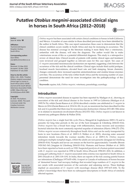 Putative Otobius Megnini-Associated Clinical Signs in Horses in South Africa (2012–2018)