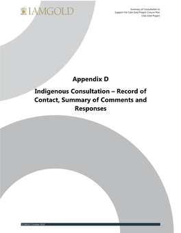 Appendix D Indigenous Consultation – Record of Contact, Summary of Comments and Responses