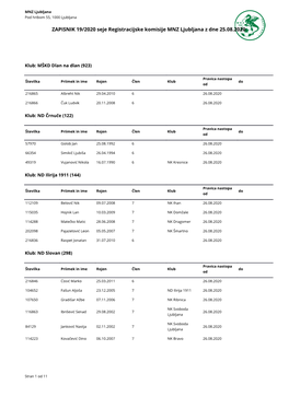 ZAPISNIK 19/2020 Seje Registracijske Komisije MNZ Ljubljana Z Dne 25.08.2020