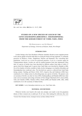 Studies on a New Species of Leech of the Genus Haemadipsa (Hirudinea: Haemadipsidae) from the Kodair Forest of Tamil Nadu, India