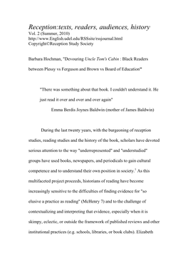 Devouring Uncle Tom's Cabin : Black Readers Between Plessy Vs Ferguson and Brown Vs Board of Education