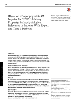 Glycation of Apolipoprotein C1 Impairs Its CETP Inhibitory