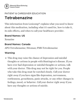 Tetrabenazine | Memorial Sloan Kettering Cancer Center