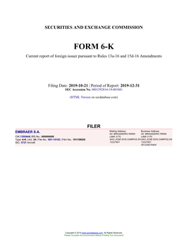 EMBRAER SA Form 6-K Current Event Report Filed