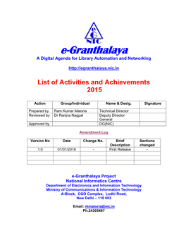 List of Activities and Achievements 2015