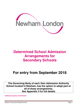 Determined School Admission Arrangements for Secondary Schools for Entry from September 2018