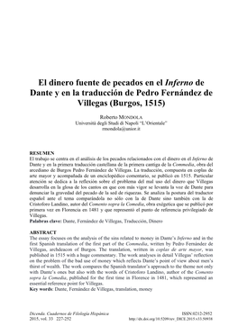 El Dinero Fuente De Pecados En El Inferno De Dante Y En La Traducción De Pedro Fernández De Villegas (Burgos, 1515)