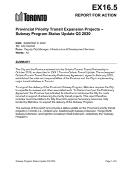 Provincial Priority Transit Expansion Projects – Subway Program Status Update Q3 2020