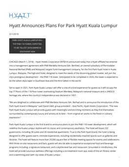 Hyatt Announces Plans for Park Hyatt Kuala Lumpur