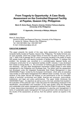 From Tragedy to Opportunity: a Case Study Assessment on the Controlled Disposal Facility at Payatas, Quezon City, Philippines