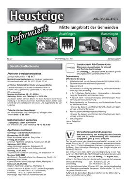 Heusteige Alb-Donau-Kreis Mitteilungsblatt Der Gemeinden Asselfingen Rammingen Informiert
