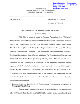 Postal Regulatory Commission Submitted 5/23/2012 9:54:17 AM Filing ID: 82633 BEFORE the Accepted 5/23/2012 POSTAL REGULATORY COMMISSION WASHINGTON, D.C