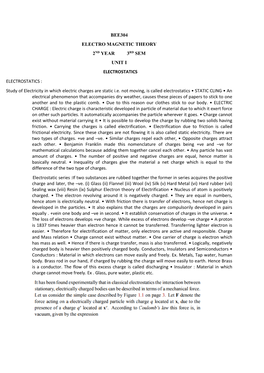 BEE304 ELECTRO MAGNETIC THEORY 2ND YEAR 3RD SEM UNIT I ELECTROSTATICS ELECTROSTATICS : Study of Electricity in Which Electric Charges Are Static I.E