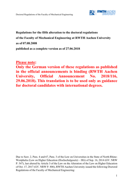 Doctoral Regulations of the Faculty of Mechanical Engineering
