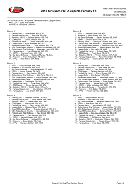 2012 Siriusxm-FSTA Experts Fantasy Fo Draft Results 24-Oct-2012 03:18 PM ET