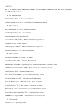 July 25, 2016 Here Is a List of Publicly Traded Othphalmology Companies