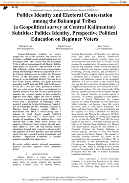 A Geopolitical Survey at Central Kalimantan) Subtitles: Politics Identity, Prespective Political Education on Beginner Voters