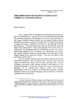 The Formation of Filipino Nationality Under U.S