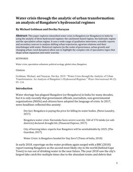 Water Crisis Through the Analytic of Urban Transformation: an Analysis of Bangalore's Hydrosocial Regimes