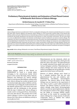 Preliminary Phytochemical Analysis and Estimation of Total Phenol Content of Methanolic Root Extract of Salacia Oblonga