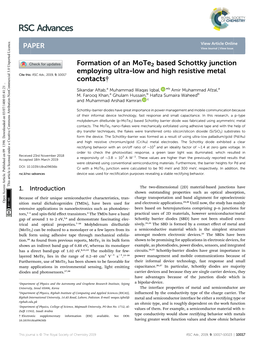 Formation of an Mote2 Based Schottky Junction Employing Ultra-Low and High Resistive Metal Cite This: RSC Adv.,2019,9, 10017 Contacts†