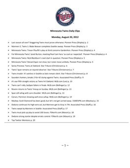 Minnesota Twins Daily Clips Monday, August 20, 2012