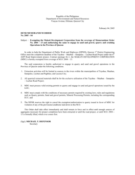 Republic of the Philippines Department of Environment and Natural Resources Visayas Avenue, Diliman, Quezon City February 04, 20