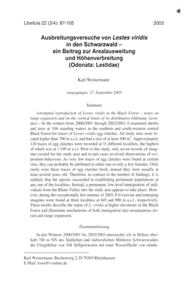 Ausbreitungsversuche Von Lestes Viridis in Den Schwarzwald- Ein Beitrag Zur Arealausweitung Und Höhenverbreitung (Odonata: Lestidae)