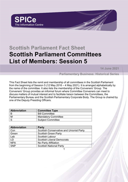 Scottish Parliament Committees List of Members: Session 5 14 June 2021 Parliamentary Business: Historical Series