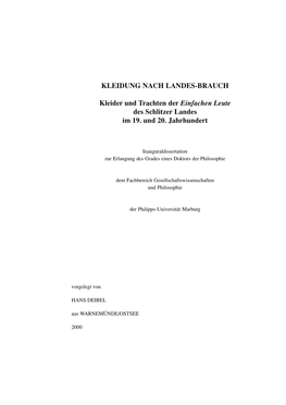 KLEIDUNG NACH LANDES-BRAUCH Kleider Und Trachten Der Einfachen Leute Des Schlitzer Landes Im 19. Und 20. Jahrhundert