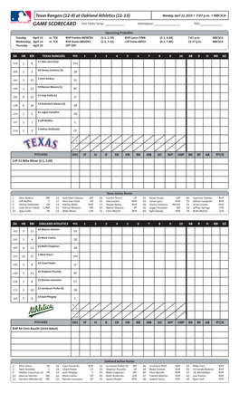 Texas Rangers (12-8) at Oakland Athletics (11-13) Monday, April 22, 2019 W 7:07 P.M