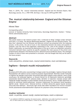 The Musical Relationship Between England and the Ottoman Empire, Rast Musicology Journal, 7(1), S.1959-1978