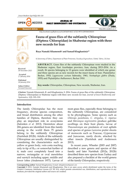 Fauna of Grass Flies of the Subfamily Chloropinae (Diptera: Chloropidae) in Shabestar Region with Three New Records for Iran