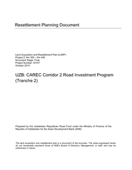 RP: Uzbekistan: Project 2: Km 355-Km 440, CAREC Corridor 2 Road Investment Program