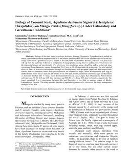 Biology of Coconut Scale, Aspidiotus Destructor Signoret (Hemiptera: Diaspididae), on Mango Plants (Mangifera Sp.) Under Laboratory and Greenhouse Conditions*