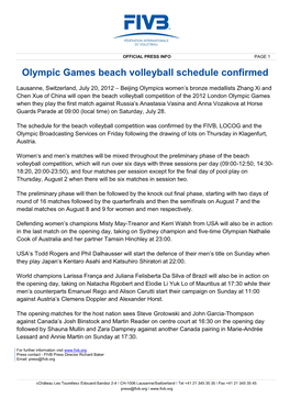 Olympic Games Beach Volleyball Schedule Confirmed