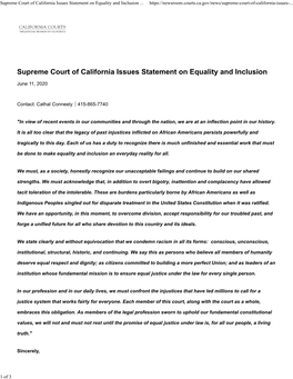 Supreme Court of California Issues Statement on Equality and Inclusion