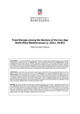 Food Storage Among the Iberians of the Iron Age North-West Mediterranean (C. 225-C. 50 BC)