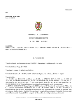 Nomina Dei Comitati Di Gestione Degli Ambiti Territoriali Di Caccia Della Provincia Di Alessandria