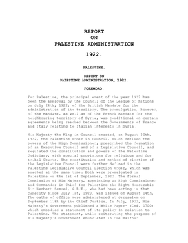 Report on Palestine Administration 1922