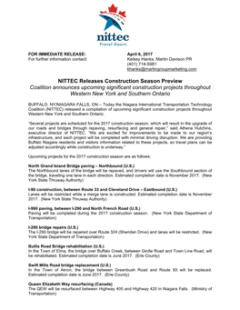 NITTEC Releases Construction Season Preview Coalition Announces Upcoming Significant Construction Projects Throughout Western New York and Southern Ontario