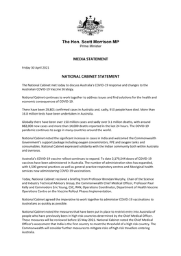 The Hon. Scott Morrison MP MEDIA STATEMENT NATIONAL CABINET