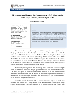 First Photographic Record of Binturong Arctictis Binturong in Buxa Tiger Reserve, West Bengal, India